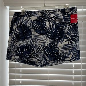 SPANX on-the-go 4”printed shorts in tropical Palm navy NWT XL